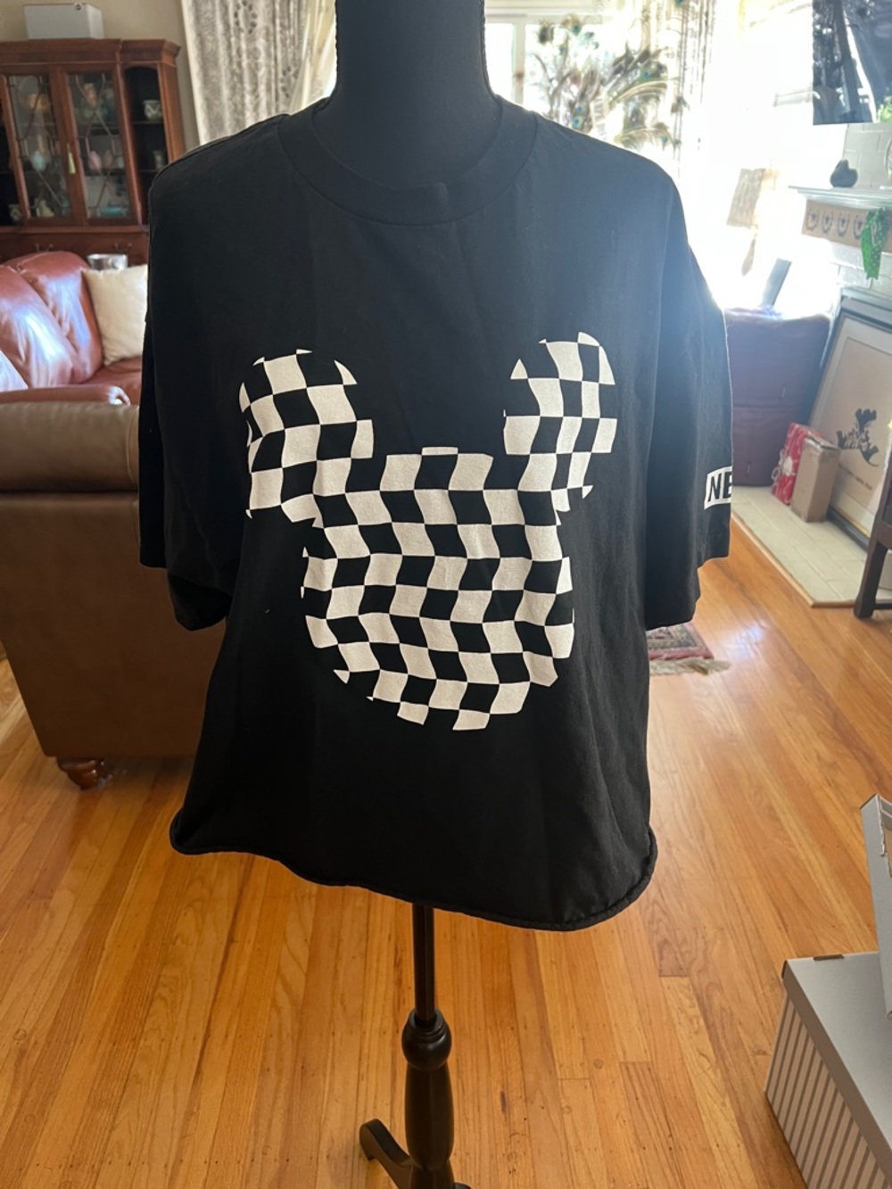 Black Graphic Tee with Checkerboard Mickey Silhouette. Disney